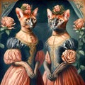 Two anthropomorphic Abyssinian cats in ball gowns with roses