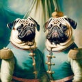 Two anthropomorphic pugs in military uniform, one wearing a royal crow