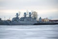 Two anti-submarine corvettes of the Baltic Military fleet on the winter parking in January twilight. Kronstadt