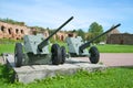 Two anti-tank guns during the Second world war in the fortress Oreshek. A fragment of the memorial to the defense of the fortress
