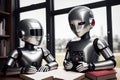 Two antropomothic robots androids doing home task, concept of machine learning. AI generative illustration