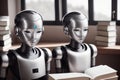 Two antropomothic robots androids doing home task, concept of machine learning. AI generative illustration