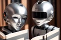 Two antropomothic robots androids doing home task, concept of machine learning. AI generative illustration