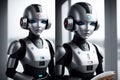Two antropomothic robots androids doing home task, concept of machine learning. AI generative illustration