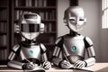 Two antropomothic robots androids doing home task, concept of machine learning. AI generative illustration