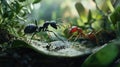 Two Ants Facing Off in Forest Environment, Macro Photography Royalty Free Stock Photo