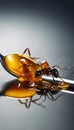 Two ants interacting with honey in spoon, one partially submerged, mirrored reflection Royalty Free Stock Photo
