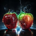 two apples wet in slime black background generative AI Royalty Free Stock Photo
