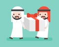 Two Arab Businessman carrying big present box, business situati
