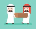 Two Arab businessmen carrying a block, flat design