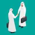 Two arab businessmen in national white garments shaking hands. Arabian partners handshake concept. Flat 3d vector Royalty Free Stock Photo