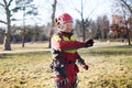 Arborist men standing against two big trees. The worker with helmet working at height on the trees. Lumberjack working with ch Royalty Free Stock Photo