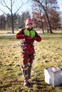 Arborist men standing against two big trees. The worker with helmet working at height on the trees. Lumberjack working with ch Royalty Free Stock Photo