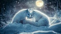 Two Arctic Foxes Huddled Together in Snowfall Under a Full Moon Royalty Free Stock Photo