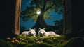 Two Arctic Foxes Resting Under a Full Moon in a Magical Forest Royalty Free Stock Photo