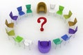 Two arm-chairs of chief and group chairs with question-mark in center Royalty Free Stock Photo