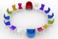 Two arm-chairs of chief and group of multicolored office chairs Royalty Free Stock Photo