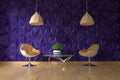 Two armchair and glass table with green plant on empty textured violet wall in living room interior Royalty Free Stock Photo