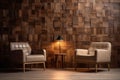 Two armchairs and lamp on a wooden wall. 3d rendering, Wallpapered woodpaneled walls with a natural wood, AI Generated