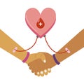 Two arms donating blood conected to a heart with a drop of blood on a white background