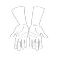 Two arms. Empty opened palms up. Offering and giving gesture. Hand drawn outline hands for logo or icon. Stock vector illustration