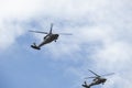 Two army helicopters flying over crowd during independence day military parade