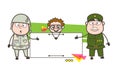 Two Army Man Presenting Ad Banner with Naughty Kid Vector Illustration