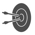 Two arrow hit target solid icon, marketing strategy concept, dart with arrows sign on white background, Two arrows