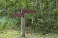 Two arrow rusty brown wooden signs in green forest Royalty Free Stock Photo