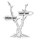 Two Arrow Sign Drawing of Wrong and Right Way on Dead Swamp Tree Royalty Free Stock Photo