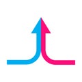 Two arrows merging icon vector collaboration, partnership, alliance, joining and growth concept for graphic design, logo, web