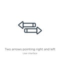 Two arrows pointing right and left icon. Thin linear two arrows pointing right and left outline icon isolated on white background Royalty Free Stock Photo