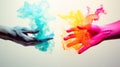 Two artists hands blend colors, expressing creativity and collaboration, AI Generated