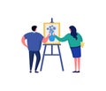 Two artists painting a blue flower on canvas, standing in front of the easel. Creative workshop and art class vector
