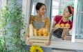 Two Asian beautiful female friends wearing aprons, standing and while opening window, welcome, happily smiling, serving breakfast