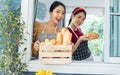 Two Asian beautiful female friends wearing aprons, standing and while opening window, welcome, happily smiling, serving breakfast