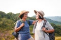 Two Asian elderly women trekking Standing on a high mountain