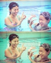 Two Asian girls are flicking water to one another in the swimming pool with happy expression in vintage color set