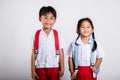 Two Asian student kid girl boy schoolchildren brother sister smile happy wear Royalty Free Stock Photo