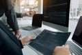 Two asian team working development of programming and encryption technology website design programmers on desk in office Royalty Free Stock Photo