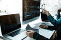 Two asian team working development of programming and encryption technology website design programmers on desk in office Royalty Free Stock Photo