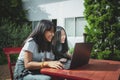 Two asian teenager typing on computer labtop happiness emotion