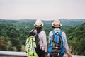 two asian woman tourist looking view forest on mountian. travel in holiday concept Royalty Free Stock Photo