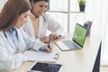 Two asian women doctors discuss meeting doctor`s office medical clinic using laptop consulting patient disease. Asian medical lab Royalty Free Stock Photo