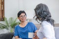 Two Asian women are sitting drinking coffee and chatting in the living room. Royalty Free Stock Photo