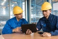 Two Asian workers analyzing information indoors