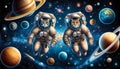 Two astronaut cats in space against a backdrop of planets and stars. AI Generated Royalty Free Stock Photo