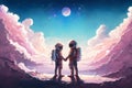 Two Astronaut couple holding hand over clouds