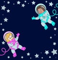 Two astronauts boy and girl happily exploring space in stylish spacesuits