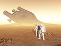 Two astronauts discovering an ancient spaceship on another planet